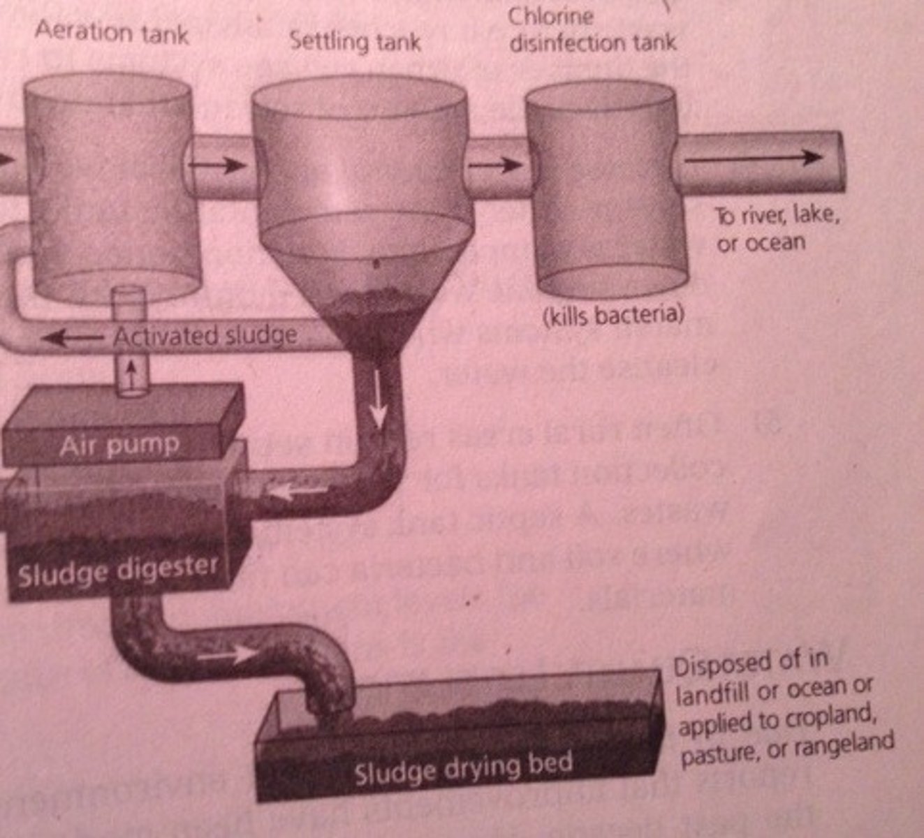 <p>70-90% clean<br>BOD <br>Bacteria decompose organic matter into CO2 and sludge with aeration.</p>