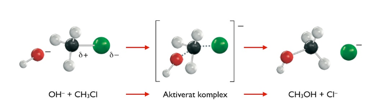 <p>ngt byts ut mot ngt annat, krävs mkt energi</p><p>t ex, reaktion m halogener (grupp 17), H → halogen (monoklormetan, diklormetan, etc), dessa är stabila, bryts ej ned, dåligt för miljön</p><p>nukleofil atomgrupp (gillar positiv kärna, t ex negativa joner) krockar m kärna (elektrofil pga den är positiv), en annan bindning lossnar</p>