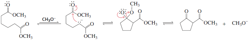 <p>Reactants/Reagents:1,6- and 1,7-diesters, base (-OR matching ester), acid (ex: HCl)</p><p>Products: 5- and 6-membered dicnyl rings</p><p>Intramolecular Claisen condensation</p>