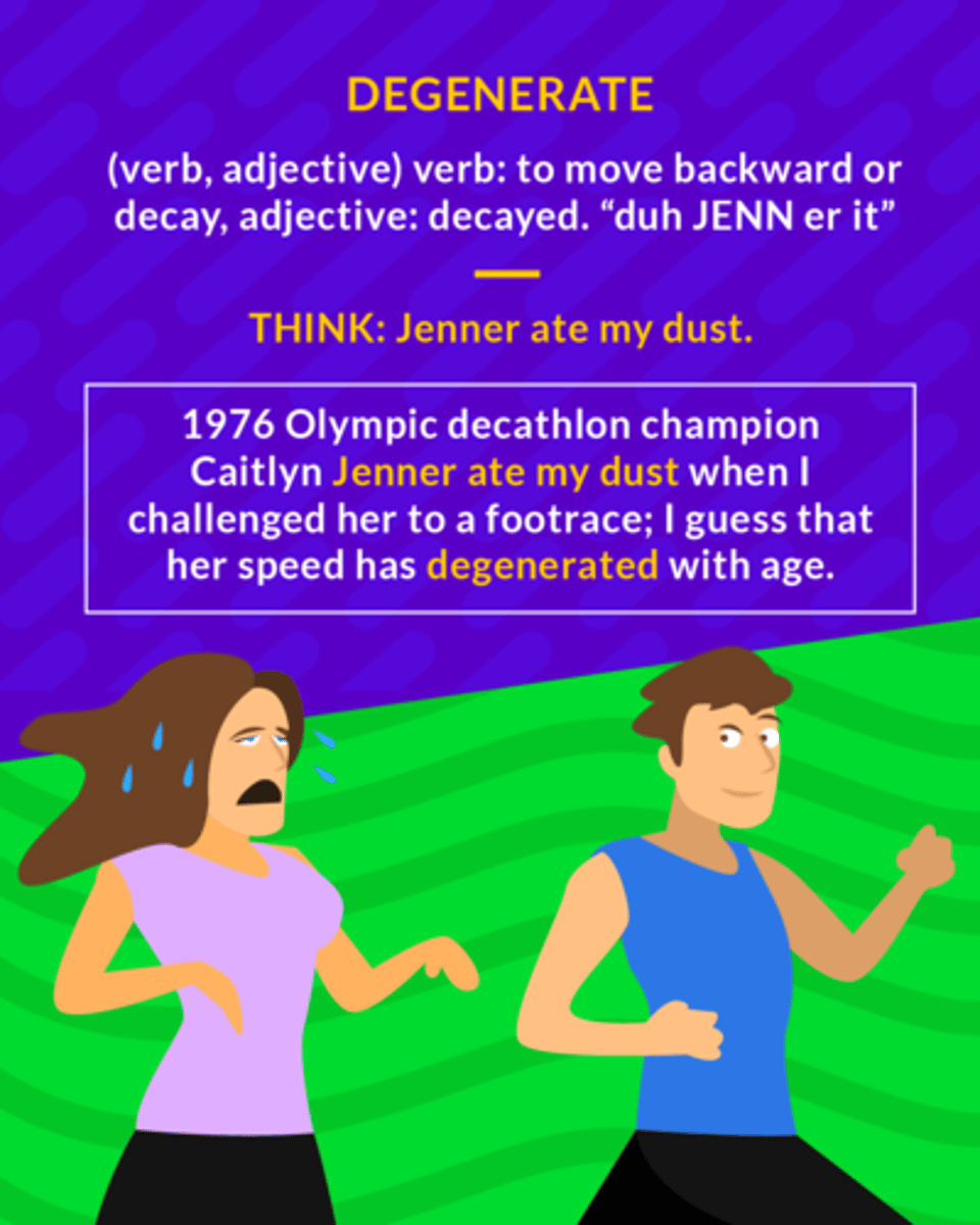 <p>to break down; to deteriorate</p><ol><li><p>(verb) decay</p></li><li><p>(adj.) decayed</p></li></ol><p></p>