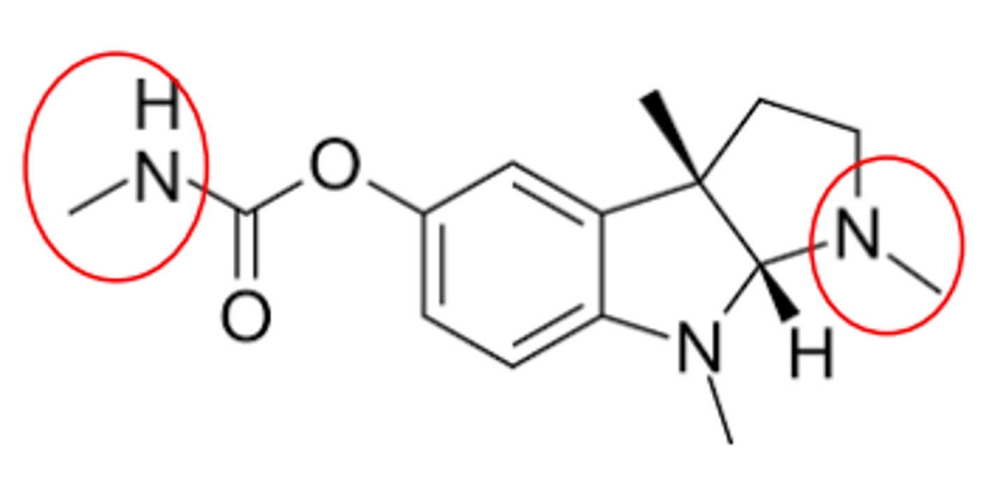 <p>Natural product- Physostigma venenosum</p><p>Carbamate</p><p>LogP ca. 2.7, pKa ca. 8.2</p><p>Duration of action 3-4 Hrs</p><p>Shows CNS effects (why?)</p><p>Uses: Antidote for certain antimuscarinic overdoses</p>