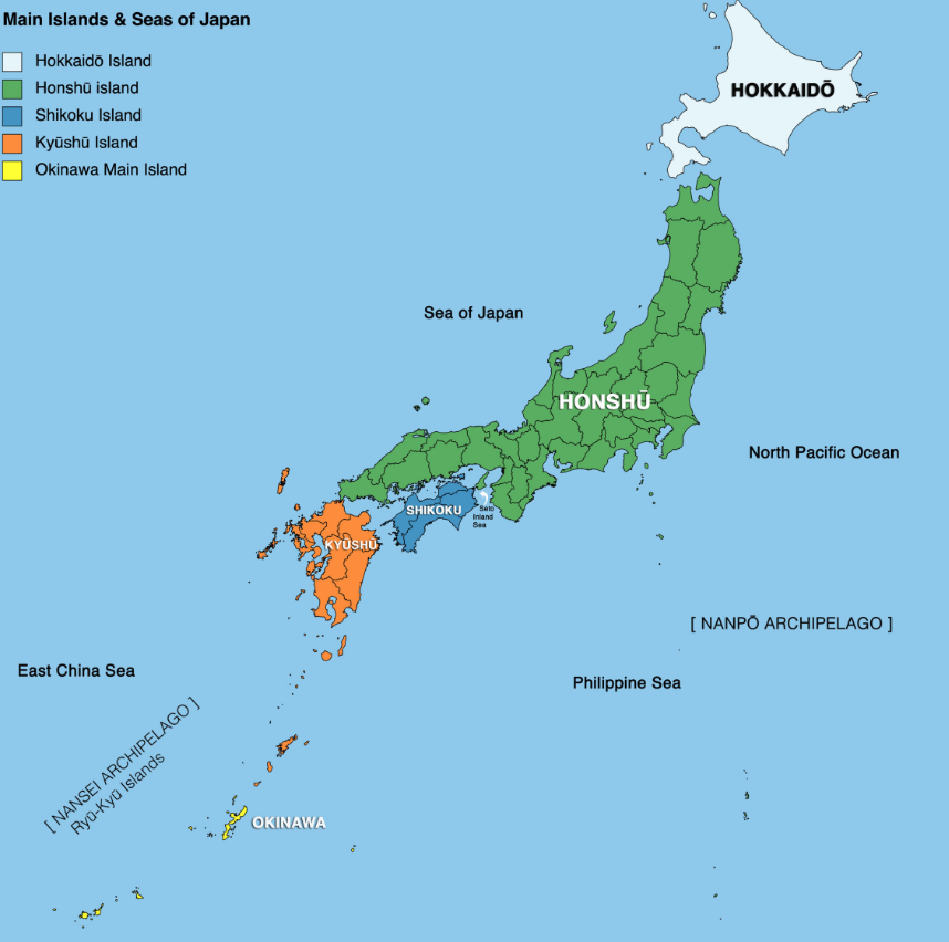 <p>hokkaido, honshu, kyushu, shikoku</p>