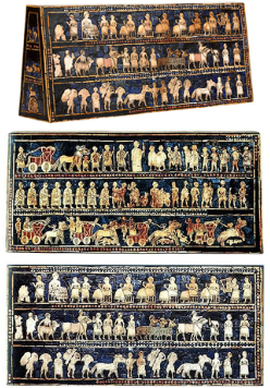 <ul><li><p>The “standard” is a<mark data-color="blue" style="background-color: blue; color: inherit;"> hollow wooden box</mark> inlaid with a mosaic of shell, red limestone, and lapis lazuli. The box has an irregular shape with end pieces in the shape of truncated triangles, making it wider at the bottom than at the top.</p></li><li><p>It was imagined that i<mark data-color="blue" style="background-color: blue; color: inherit;">t was carried on a pole as a standard, hence its common name.</mark></p></li><li><p>Inlaid mosaic panels cover each long side of the Standard. Each presents a series of scenes displayed in three registers, <mark data-color="blue" style="background-color: blue; color: inherit;">upper, middle, and bottom.</mark> The two mosaics have been dubbed "War" and "Peace" for their subject matter, respectively a representation of a military campaign and scenes from a banquet.</p></li></ul><p></p>