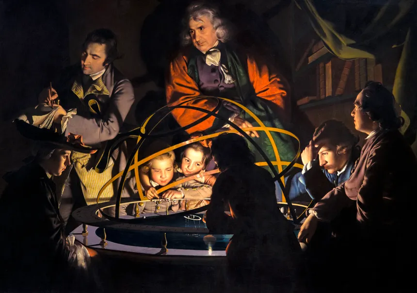 <ul><li><p><strong>ID Info:</strong> Joseph Wright of Derby, 1763-1765, oil on canvas, England.</p></li><li><p><strong>Content:</strong> A group of people gathered around an orrery, a mechanical model of the solar system, as a philosopher explains celestial mechanics.</p></li><li><p><strong>Function:</strong> Depicts the power of science and the Enlightenment ideals of knowledge and discovery.</p></li><li><p><strong>Context:</strong> The work reflects the growing interest in science and reason during the Enlightenment.</p></li><li><p><strong>Form:</strong> Dramatic lighting reminiscent of Caravaggio (tenebrism), precise details emphasizing realism.</p></li></ul><p></p>