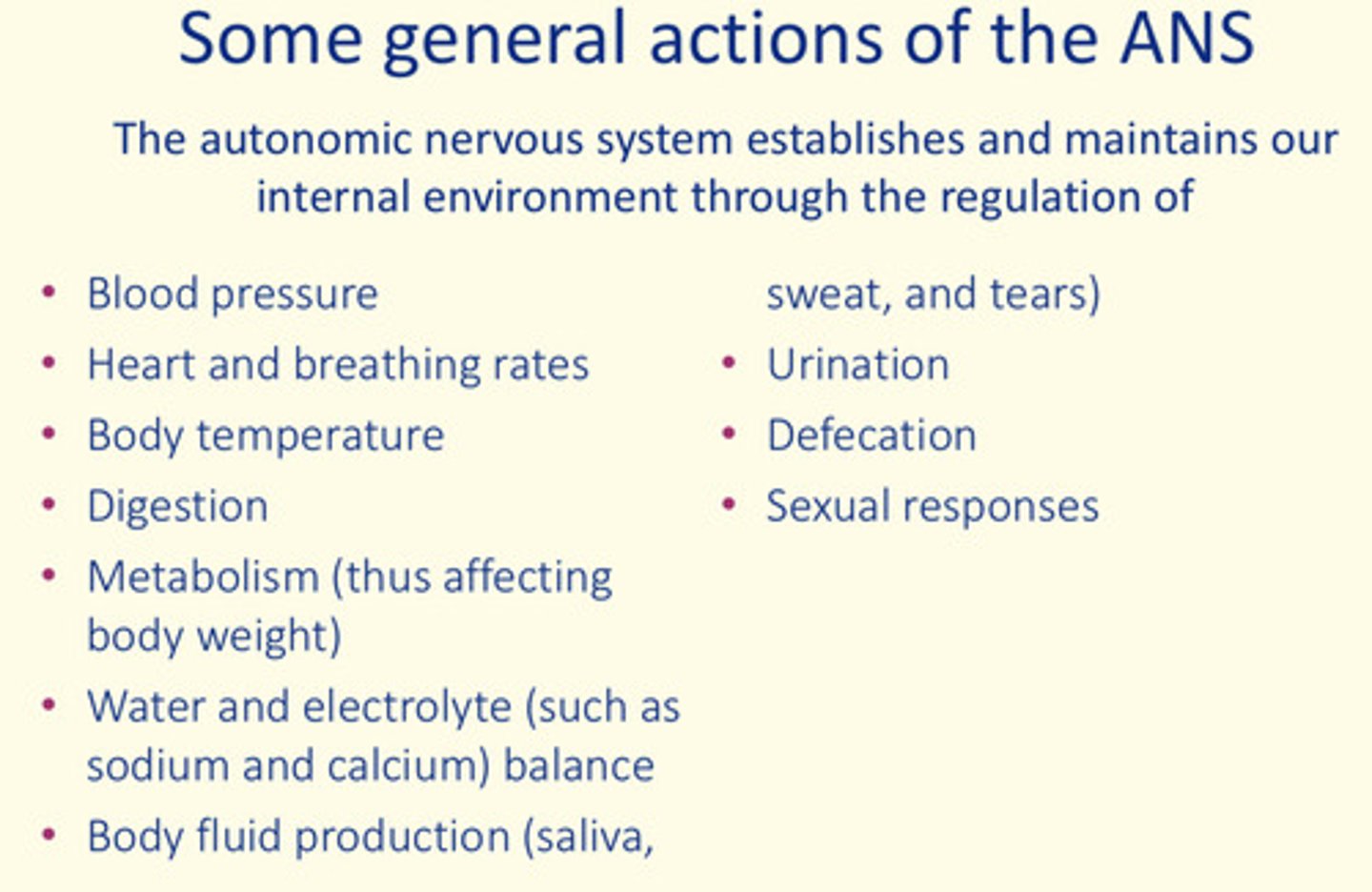 <p>Establishes and maintains our homeostasis through the regulation of...</p><p>- BP</p><p>- HR</p><p>- Breathing rate</p><p>- Body temperature</p><p>- Digestion</p><p>- Metabolism</p><p>- Urination</p><p>- Defecation</p><p>- Sexual responses</p>
