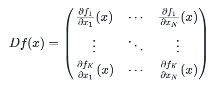 <p>If a vector-valued function <span><em>f: </em><strong><em>R</em></strong><em><sup>N</sup>→</em><strong><em>R</em></strong><em><sup>K</sup></em></span><em> </em>is differentiable at <span><em>x</em></span>, then all partial derivatives at <span>x</span> exist and the <strong>(_)</strong> is given by </p><p>(matrix - see image)</p><p>Note:</p><ul><li><p>note that partial derivatives of a vector-valued function <span>f</span> are indexed with two subscripts: <span>i</span> for <span>f</span> and <span>j</span> for <span>x</span></p></li><li><p>index <span>i∈{1,…,K}</span> indexes functions and rows of the Jacobian matrix</p></li><li><p>index <span>j∈{1,…,N}</span> indexes variables and columns of the Jacobian matrix</p></li><li><p>Jacobian matrix is <span>(K×N)</span>, i.e. number of functions in the tuple by the number of variables</p></li><li><p>the gradient is a special case of Jacobian with <span>K=1</span>, as expected!</p></li></ul><p>Sufficient conditions for differentiability of a function <span><em>f: </em><strong><em>R</em></strong><em><sup>N</sup>→</em><strong><em>R</em></strong><em><sup>K</sup></em></span><em> </em>at <span><em>x</em></span> are that all partial derivatives exist and are continuous in <em>x</em><br></p>