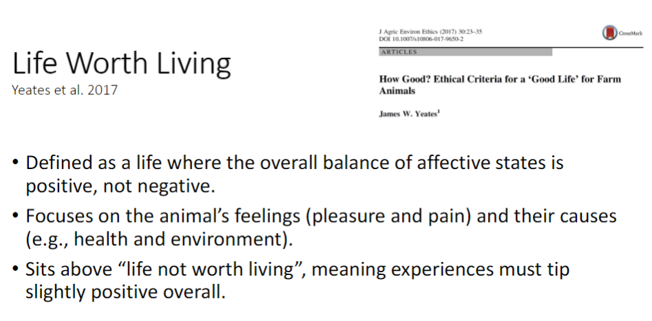 <p><strong>Life Worth Living</strong><br> A life where the overall balance of <strong>affective states</strong> is <strong>positive</strong> rather than negative</p><p><strong>Key Points</strong><br> Focuses on the animal’s <strong>feelings</strong> – <strong>pleasure</strong> and <strong>pain</strong> – and their <strong>causes</strong> (e.g., health, environment)<br> Sits above <strong>Life Not Worth Living</strong> – experiences must tip slightly <strong>positive</strong> overall</p>