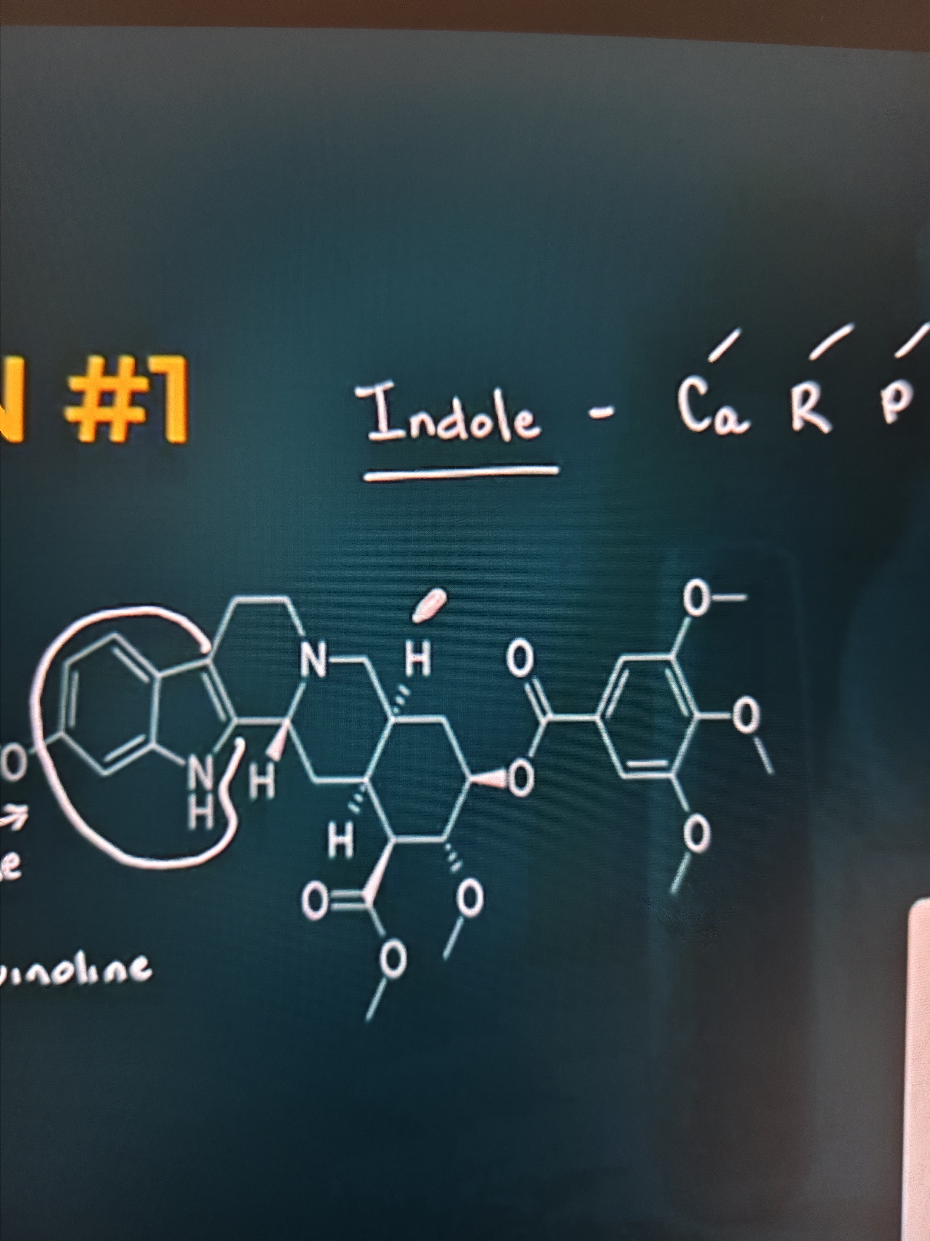 <p>Determine the names of these alkaloids: Refer to the picture (Indole Ring)</p><p>A. Cocaine - Tropane</p><p>B. Reserpine - Indole</p><p>C. Quinine - Quinoline</p><p>D. Morphine - Isoquinoline </p>