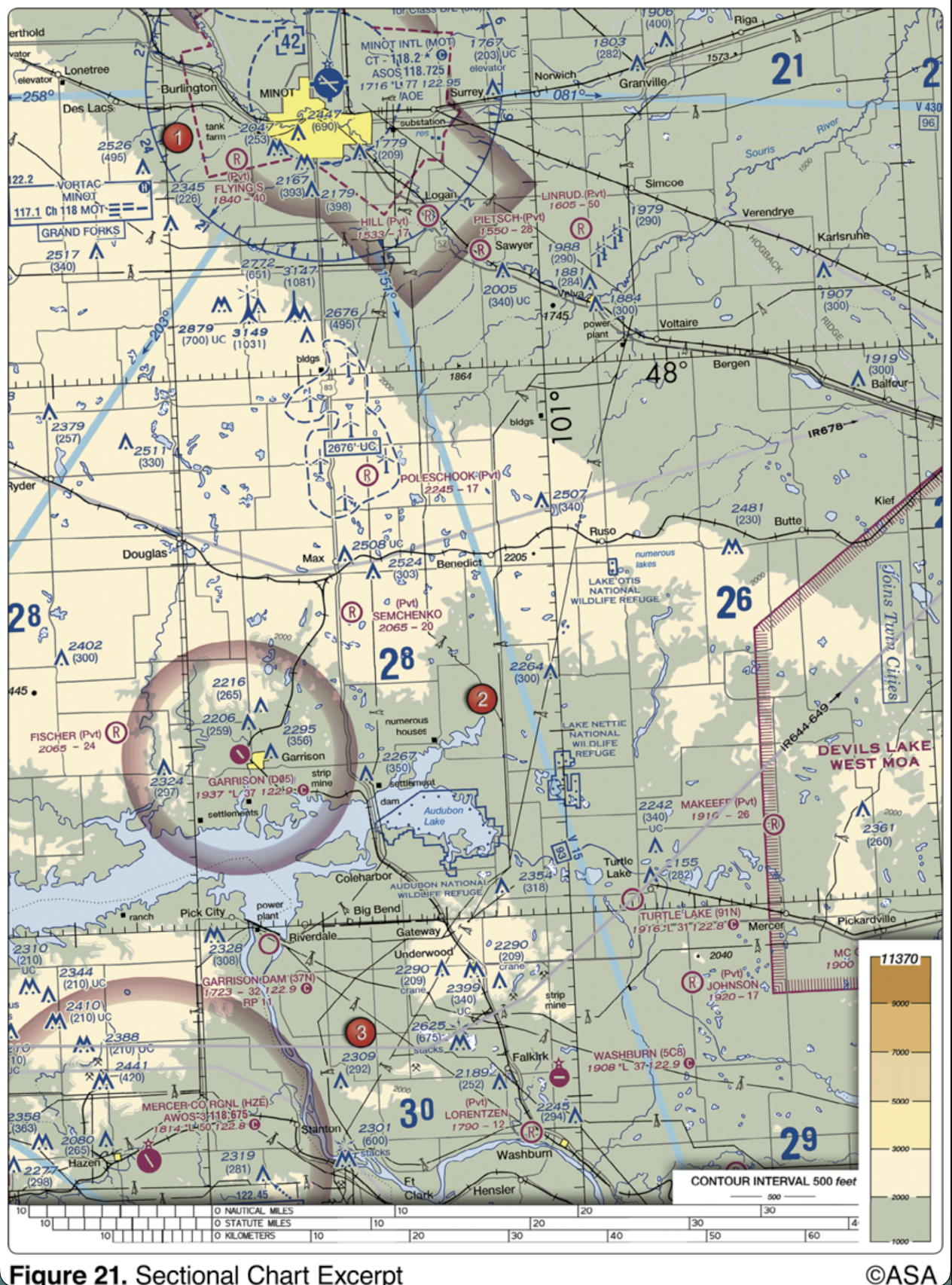 <p>(Refer to Figure 21.) Determine the magnetic heading for a flight from Mercer County Regional Airport (area 3) to Minot International (area 1). The wind is from 330° at 25 knots, the true airspeed is 100 knots, and the magnetic variation is 10° east.</p>