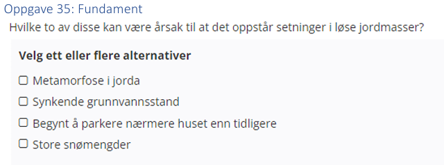 <p>(Fundamentering) Hvilke to av disse kan være årsak til at det oppstår setninger i løse jordmasser?</p>