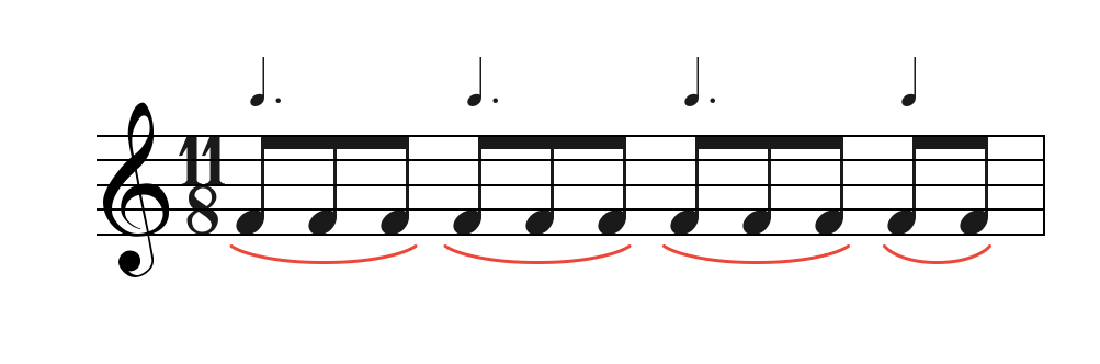 <p>three compound, one simple, 4 beats total</p>