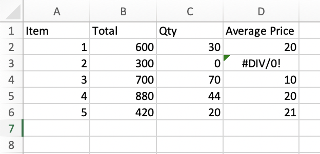 <p>You are determining Average Price by dividing Total by Qty. Which Excel function would you use to avoid the #DIV/0! error in cell D3?</p>