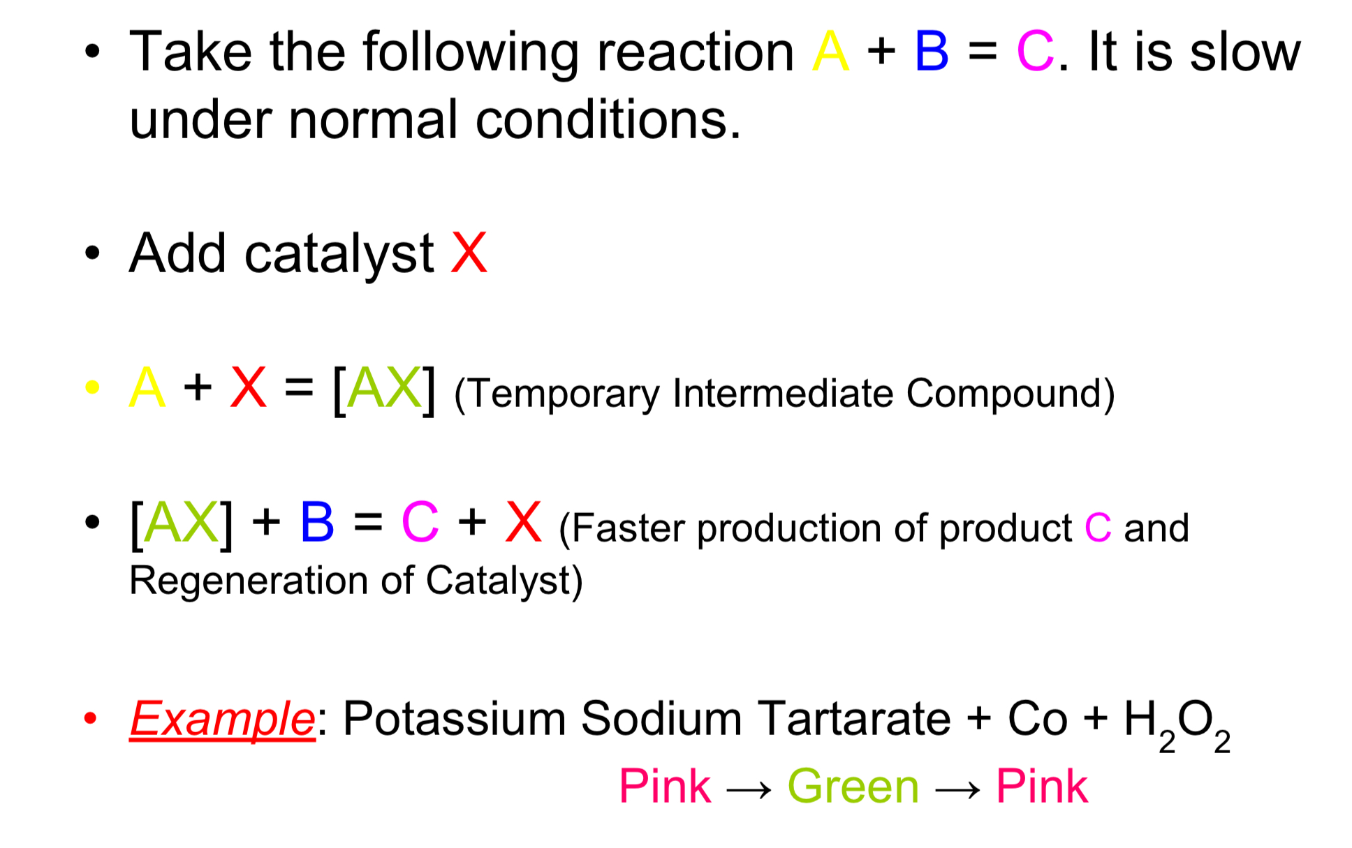 <p>One of the reactants forms an intermediate compound with the catalyst. The new compound reacts with the other reactant at a greater rate. As the product is formed the intermediate compound is broken down. The catalyst is returned chemically unchanged. Eg potassium sodium tartarate + Co + H2O2</p>