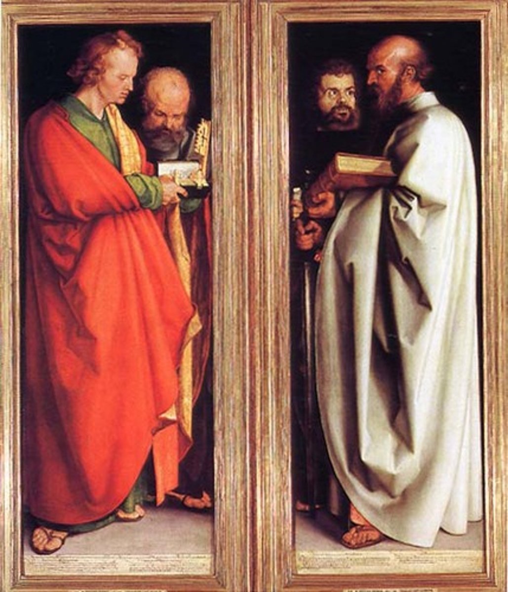 <p>1526. Oil on panel. Alte Pinakothek, Munich, Germany.</p><p>Subjects: </p><p>Saint John the Evangelist, St. Peter, St. Mark, and St. Paul</p><p>Meaning: Word of God &gt; Church Hierarchy</p>