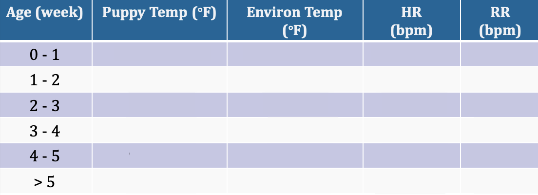 <p><strong>Canine Neonate Care</strong></p><p></p><ul><li><p><strong>&gt;__% </strong>of all deaths in puppies occur in the first 3 days</p></li><li><p>fill in the chart</p></li></ul><p></p>