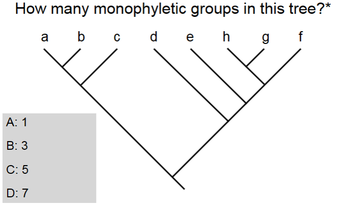 <p>How many monophyletic groups are in this tree?<br>A. 1<br>B. 3<br>C. 5<br>D. 7</p>