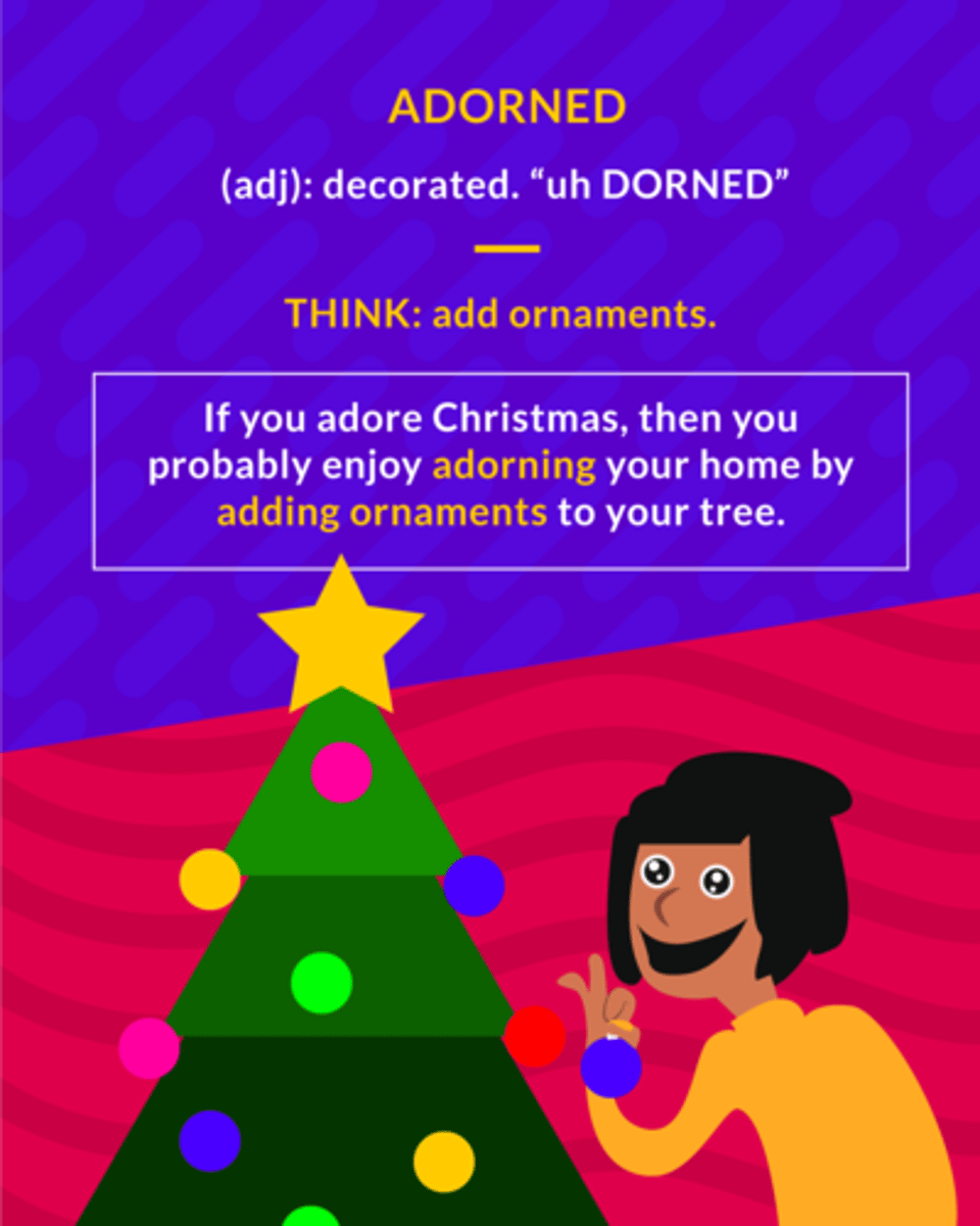 <p>(adj.) (v.) decorated</p>