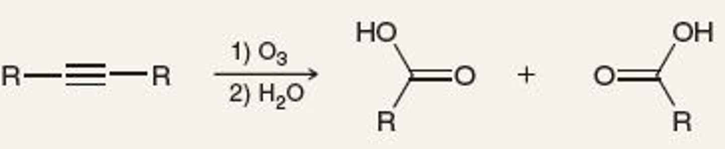 <p>-Reagents: 1) O3, 2) H2O</p><p>-Terminal yields carboxlyic acid and CO2</p><p>-Disubstituted yields two carboxlic acids</p>