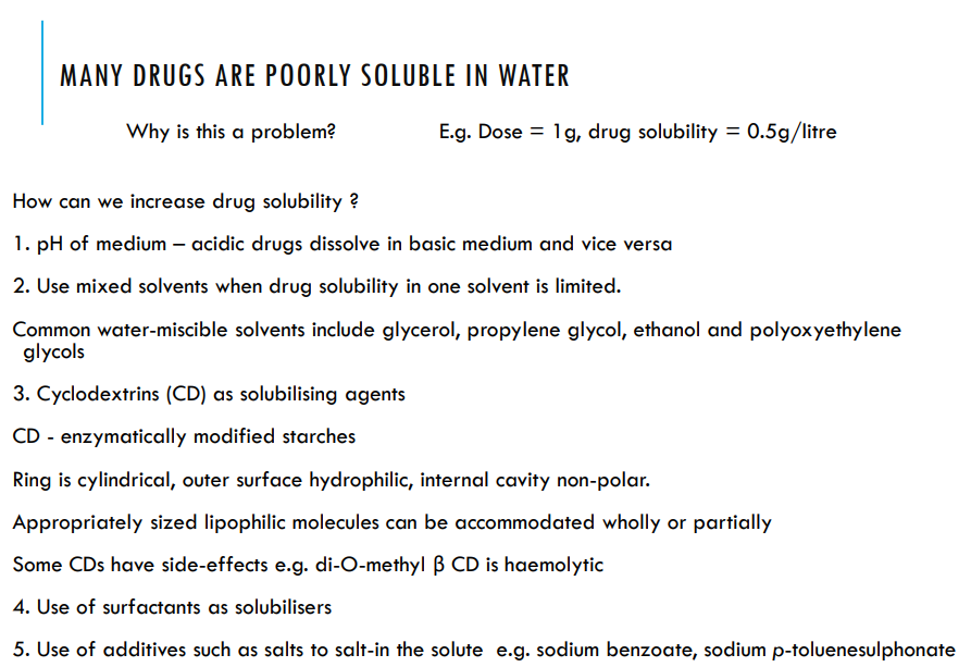 <ol start="2"><li><p>co-solvents such as ethanol to increase solubility</p></li></ol><p></p>