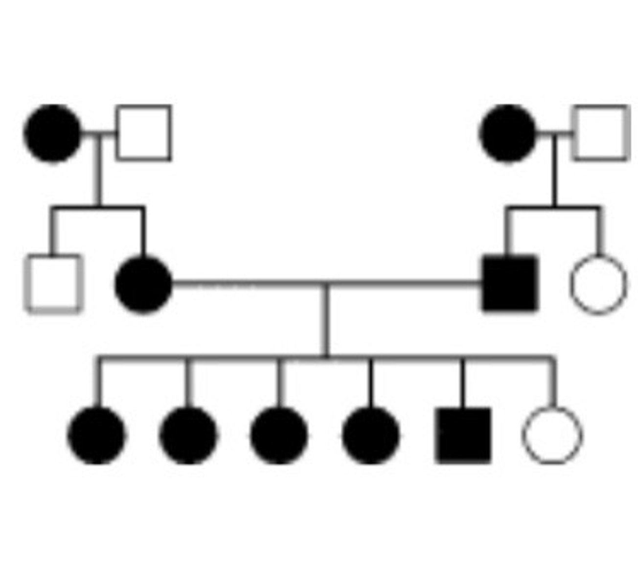 <p>The trait found in the individuals is represented by the shaded symbols. Which of the following patterns of transmission for this gene is/are consistent with this pedigree?</p><p>a. autosomal recessive</p><p>b. autosomal dominant</p><p>c. X-linked recessive</p>