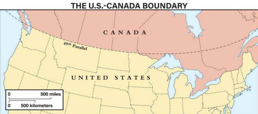The 49th parallel between the United States and Canada is