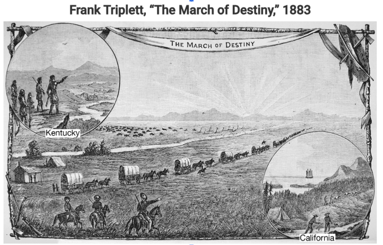<p><span style="font-family: &quot;Times New Roman&quot;, serif;"><span>The image of the wagon train in the center suggests progress and movement of people westward, supporting the idea of manifest destiny. </span></span></p>