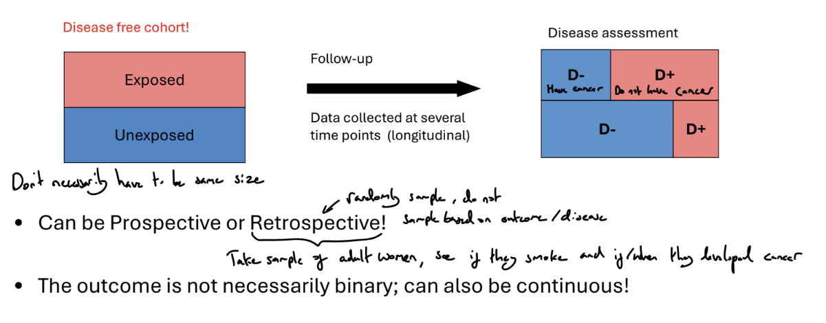 <ol><li><p>Identify a suitable group of individuals who may share common characteristics. At the start, all patients must be event free</p></li><li><p>Fix an appropriate follow-up period and follow-up subjects over time.</p></li><li><p>At the end of the study period, we can compare exposed and unexposed groups, and investigate associations between risk factors and the outcome</p></li></ol><p></p>