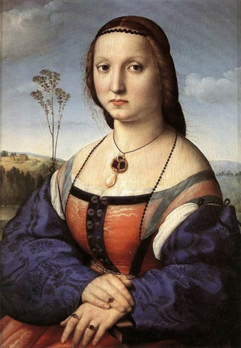 <p>Raphael, Portrait of Maddalena Strozzi Doni, 1505-06, oil on panel</p><p>Glowy colors due to oil paint</p><p>Fully front facing female</p><p>Receding landscape</p><p>Very much competing with Leonardo</p><p>Raphael must have seen Mona Lisa because this is so similar</p><p>Copying in order to compete mentality</p><p>Jewel toned and idealized</p>