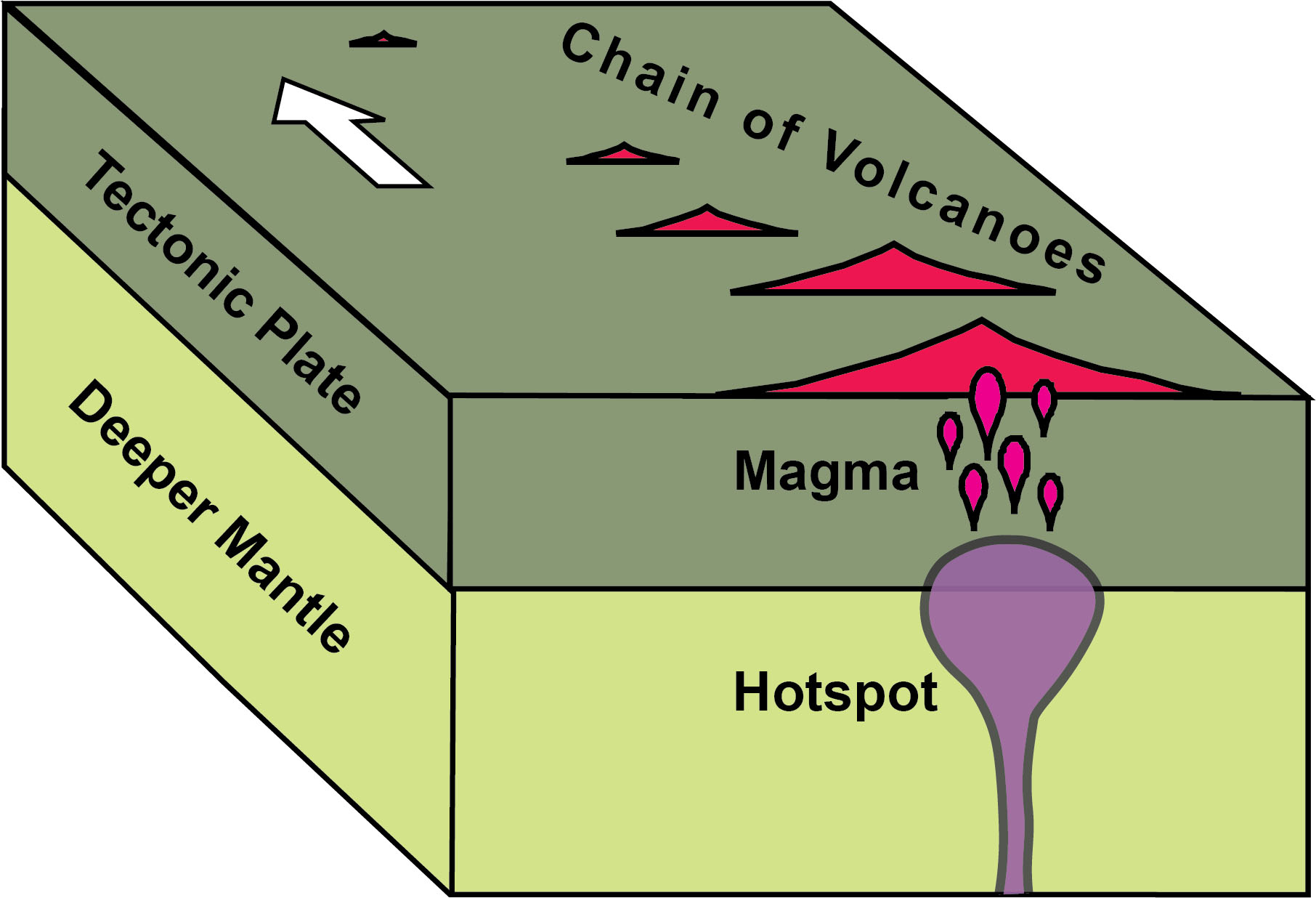 <p>Stationary plume of hot mantle material that rises from deep, exceptionally hot regions in the mantle. It breaks through the crust to form a volcano.</p><p>As the hotspot source remains stationery whilst the plates above it keep moving, hotspot volcanic island chains are formed.</p><p>E.g. Hawaii volcanic islands</p><p></p>