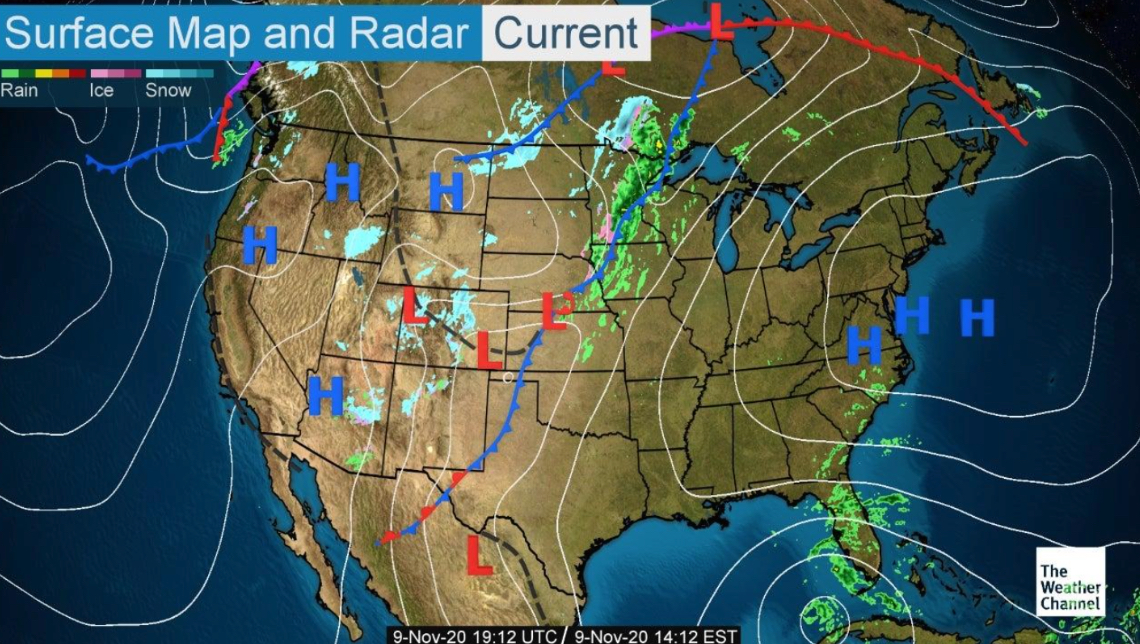 <p>What direction is the cold front stretching from Texas to Canada moving?</p>