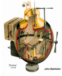 <p>Built in 1775, hand powered and egg shaped. First to use a screw for propulsion. Attempted to sink HMS Eagle during revolution. </p>
