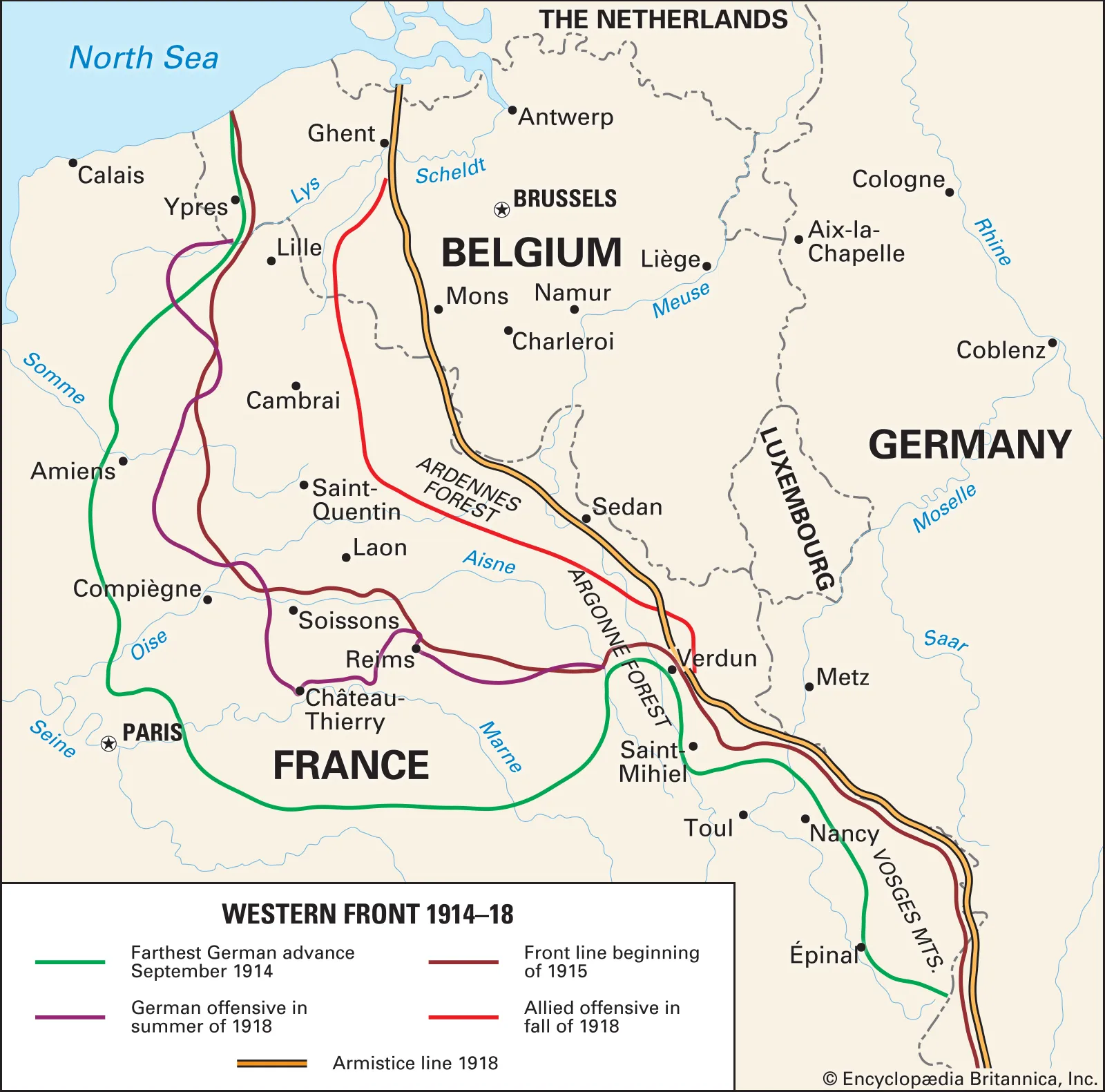<ul><li><p><span>The 700 km stretch of trenches between Belgium, France and Germany, where the opposing armies faced each other.</span></p></li><li><p><span>It went from the Belgian coast to the Swiss border. </span></p></li><li><p><span>It moved in small amounts after a series of battles over the 4 years of war.</span></p></li></ul><p></p>