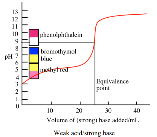 <p>pH starts higher than a strong acid because the acid is only partially ionized, then at the equivalence point&nbsp;pH > 7 because the conjugate base (from the weak acid) hydrolyzes to produce OH⁻</p>