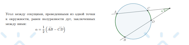 <p>Угол между секущими, проведенными из одной точки к окружности, равен полуразности дуг, заключенных между ними:</p>