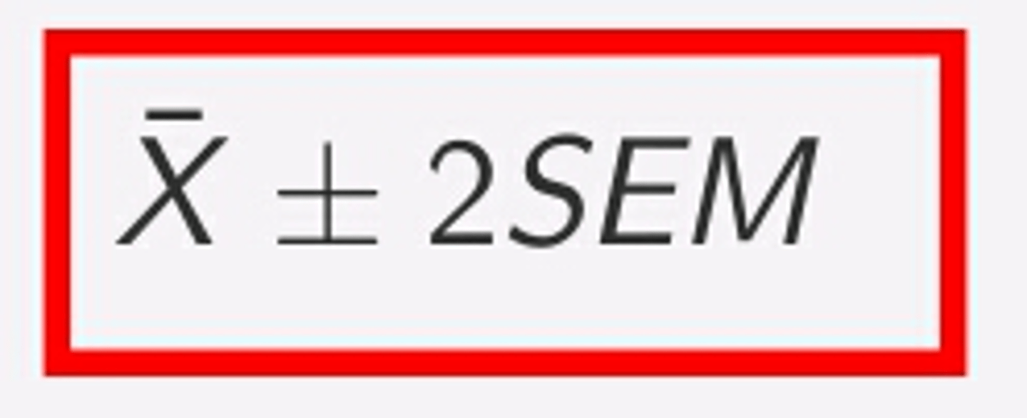 <p>the range within which the true population mean lies, with 95% certainty; Mean +/- 2SEM</p>