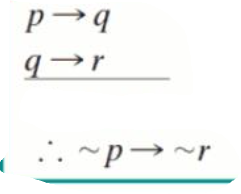 <p>p —> q</p><p>q —> r</p><p><span>∴ ~p —> ~r</span></p>