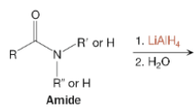<p>What is the product of the reaction between an amide and LiAlH4 (1st step) and H2O (2nd step)?</p>