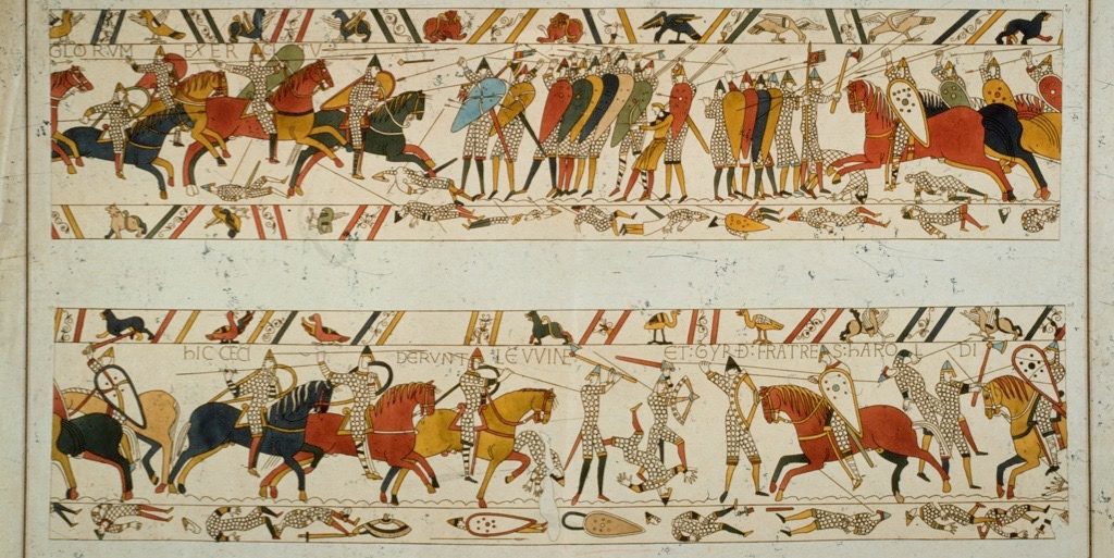 <ul><li><p>c. 1070, embroidered wool on linen, 20 inches high and 230 ft long. Possibly made in Canterbury by Odo, Bishop of Bayeux</p></li><li><p>commemorates a struggle for the throne of England between William, the Duke of Normandy, and Harold, the Earl of Wessex. -consists of seventy-five scenes depicting the events leading up to the Norman conquest and culminating in the Battle of Hastings in 1066. The textile’s end is now missing, but it most probably showed the coronation of William as King of England.</p></li><li><p>Not a tapestry bc the images are embroidered. Leads the viewers eyes from one scene to the next</p></li></ul>
