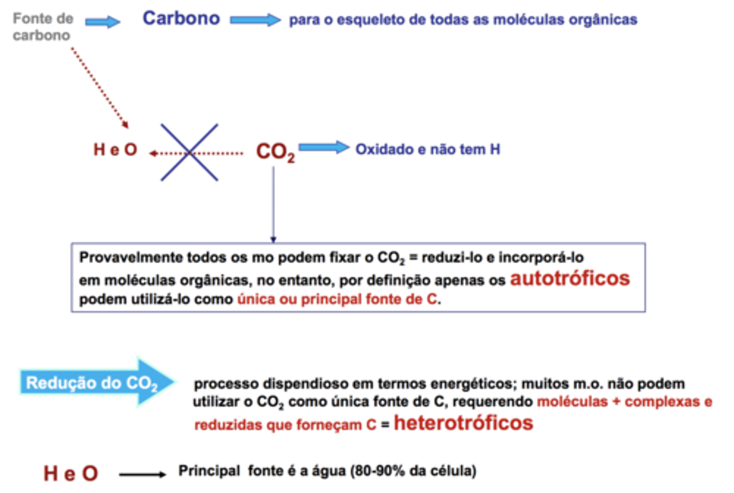 <p>Provavelmente todos os microrganismos podem fixar o CO2 = reduzi-lo e incorporá-lo em moléculas orgânicas, no entanto, por definição apenas os <strong>autotróficos</strong> podem utilizá-lo como única ou principal fonte de C.</p><p><strong>Redução do C0<sub>2</sub>: </strong>processo dispendioso em termos energéticos; muitos m.o. não podem utilizar o CO2 como única fonte de C, requerendo moléculas + complexas e reduzidas que forneçam C = <strong>heterotróficos</strong></p>