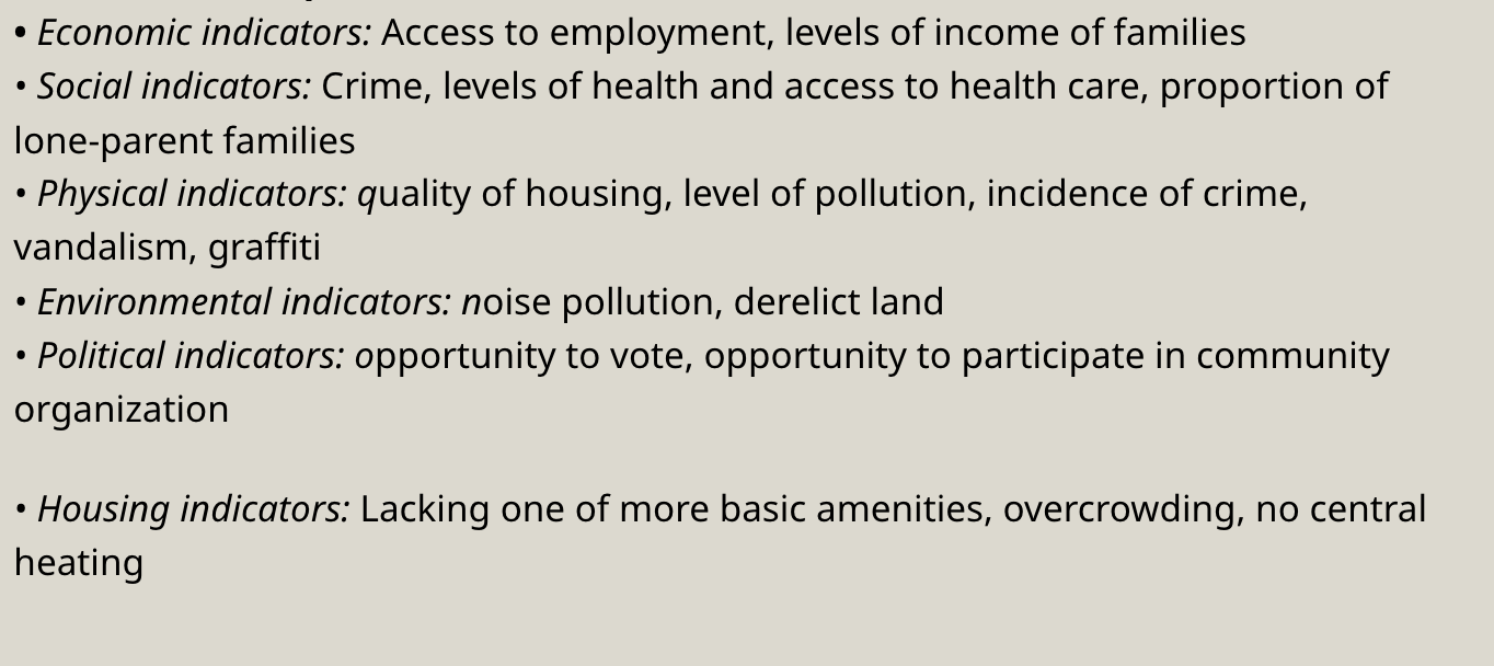 <p>physical, economic, social, environmental, political, housing</p>