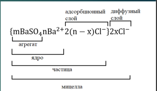 <p>На примере реакции хлорида бария с сульфатом натрия:</p><p>Избыток одного из компонентов действует как стабилизатор коллоидного раствора -  в избытке находится BaCl<sub>2</sub>. Вначале образуется агрегат мицеллы, являющийся мельчайшим кристалликом. </p><p>На поверхности кристалла BaSO<sub>4</sub> имеются вакантные места, которые занимают ионы Ba<sup>2+</sup>, достраивая кр. решетку. Они придают положительный заряд поверхности ядра и называются <em>потенциалопределяющими ионами</em>.</p><p>Часть противоионов (n – x), находящихся в непосредственном близости от ядра, связаны с ним помимо электростатических сил <em>адсорбционными</em> силами. Другая часть противоионов<em> x</em> находится на некотором удалении от ядра, образуя<em> диффузионный слой</em>. Таким образом, вокруг мицеллы существует двойной электрический слой, стабилизирующий мицеллу. </p><p>Заряды потенциалопределяющих ионов и противоионов полностью скомпенсированы, поэтому мицелла электронейтральна.</p>