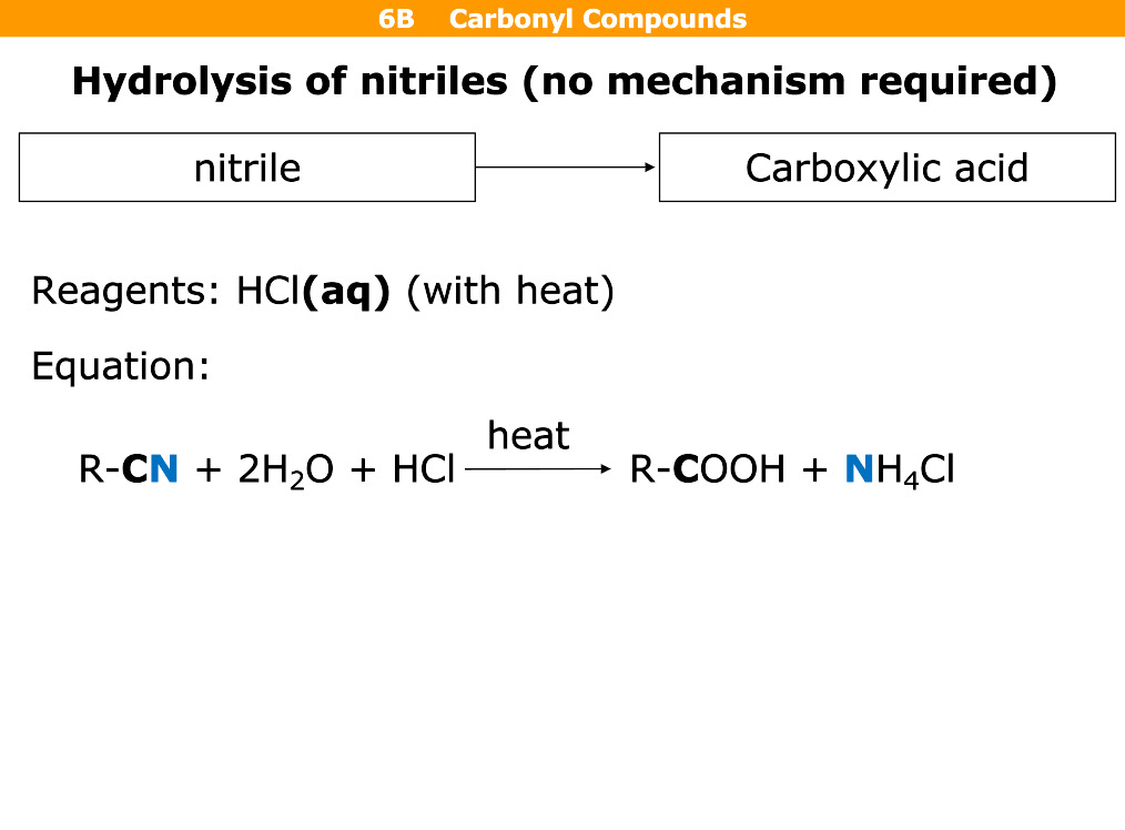 <p>Nitrile is turned into a carboxylic acid</p><p>Hcl(aq) with heat</p>