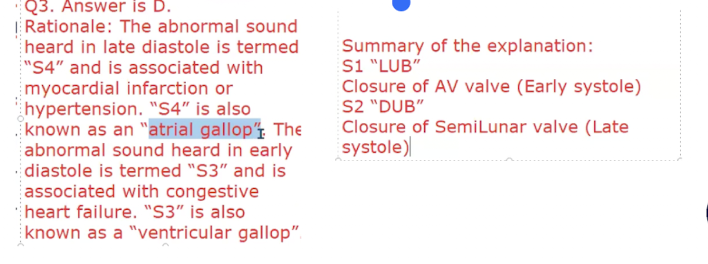<p>D. Abnormal sound heard in late diastole; hypertension</p>