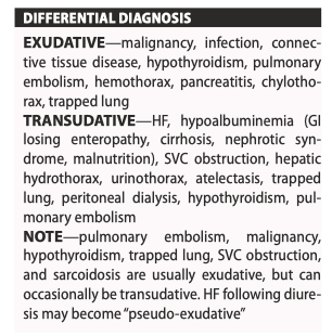 <p><strong>HISTORY</strong>—dyspnea, cough, hemoptysis, chest pain, weight loss, fever, trauma, occupational exposures, past medical history (pneumonia, liver disease, kidney disease, thyroid disease, cancer, HF, thromboembolic disease, connective tissue disease, smoking), medications</p><p><strong>Physical</strong> - vitals, cyanosis, clubbing, tracheal deviation away from side of effusion (if no collapse or trapped lung), peripheral lymphadenopathy, Horner syndrome, respiratory examination (decreased breath sounds and tactile fremitus, stony dullness to percussion), cardiac examination, leg swelling (HF or DVT); chest US is the most sensitive and specific test and should be done at point-of-care</p>