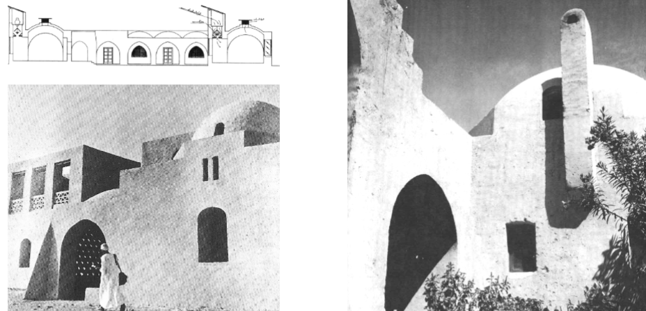 <p>gov wanted to design for tourists</p><p>mud brick for walls, vaults, tombs</p><p>monochrome</p><p>inherent beauty in construction</p><p>plan does not equal modern</p><p>spatial model, maintain irregular old village </p>