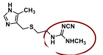 <ul><li><p>stable in the acidic pH of the stomach </p></li><li><p><u>pharmacophore:</u> </p><ul><li><p><strong>guanidino</strong> - does not have the side effects of decreasing WBC, contains an EWG that enhances binding affinity </p></li><li><p><strong>imidazole</strong> - causes it to inhibit CYP450 enzymes </p></li></ul></li><li><p>contains double bonds - sensitive to light </p></li></ul>