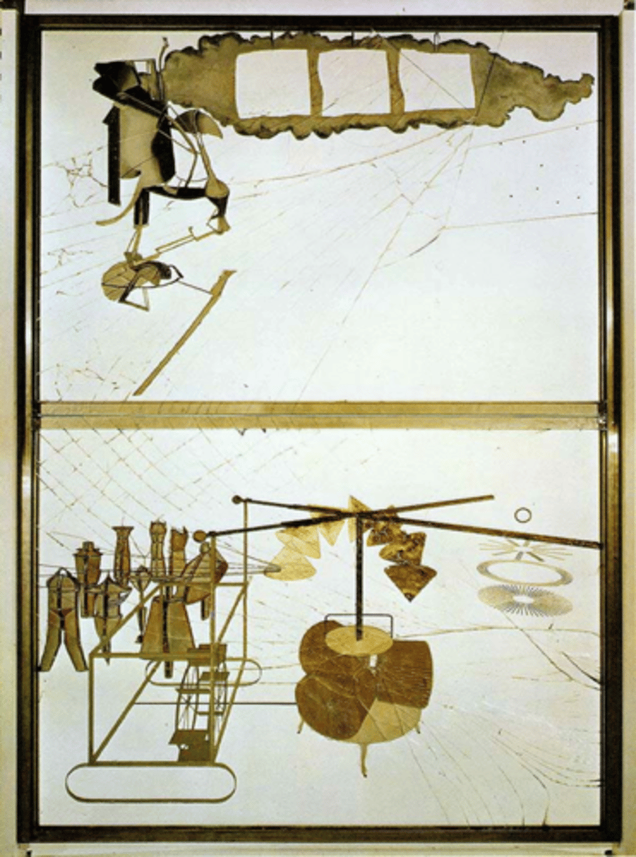 <p>Marcel Duchamp, 1915-1923, oil, lead, wire, foil, dust, and varnish on glass</p>