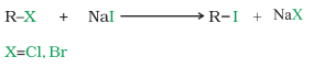 <p>R-X + NaI → (dry acetone) R-I +NaX (X=Cl/Br)</p><p>NaCl or NaBr formed is precipitated in dry acetone and alkyl iodides are obtained</p>