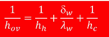 <ul><li><p>1/h<sub>h</sub>&nbsp;= resistance for heat transfer at the heating medium</p></li><li><p>thickness/conductivity = resistance to heat transfer of the wall</p></li><li><p>1/h<sub>c</sub>&nbsp;= resistance in cooling medium</p></li></ul><p></p>