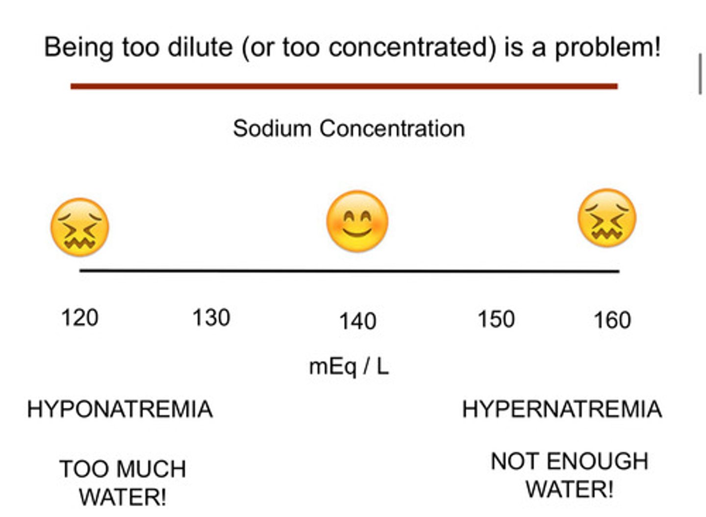 <p>in terms of lab values, hyponatremia means that there is a sodium concentration less than 140 mEq/L, closer to 120 mEq/L</p>